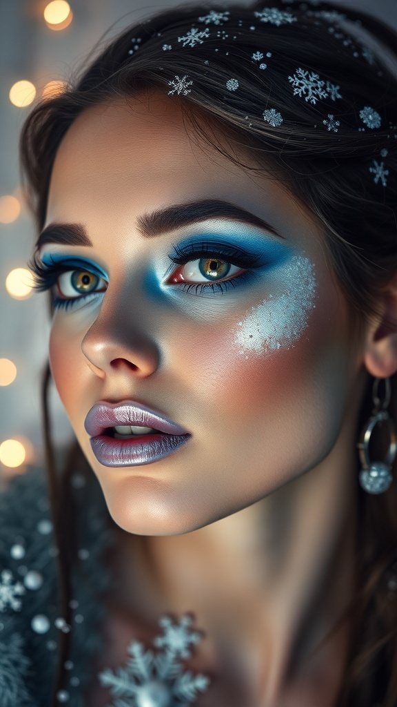 Jack Frost inspired glam makeup with icy blue and silver tones, featuring a radiant complexion and frosted lips.
